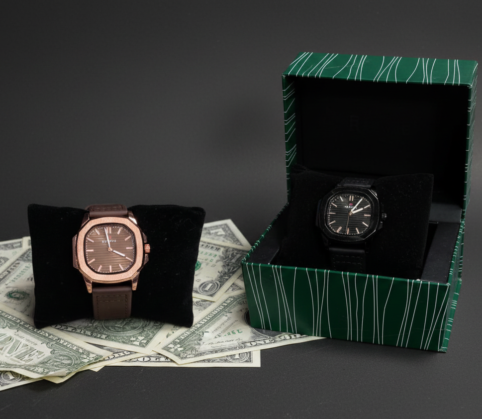 2-in-1 Refame Men’s Watch Pack – Black & Bronze Stylish Watches